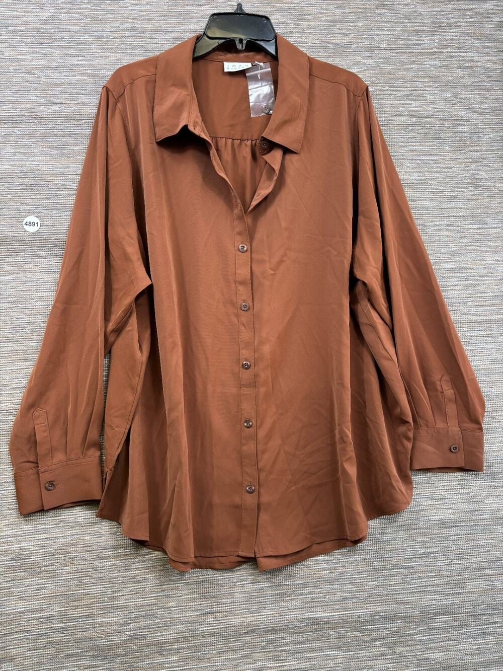 Joan Rivers Satin Button-Front Shirt Womens Size 2X Coffee Long Sleeve NEW